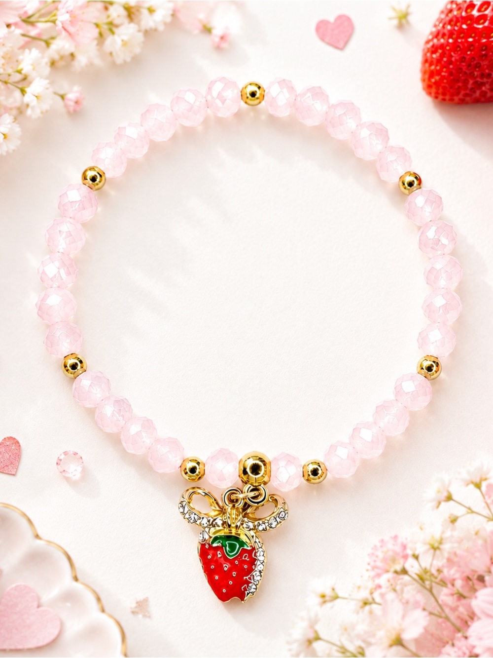Hand Crafted Pink Beaded Bracelet with Gold Accents and Strawberry Charm
